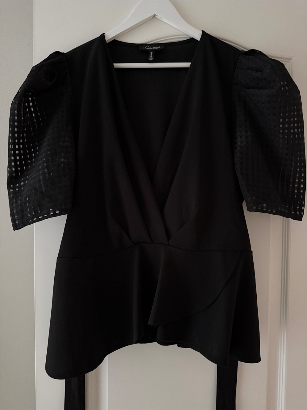 Black V-Neck Peplum Blouse with Sheer Puff Sleeves